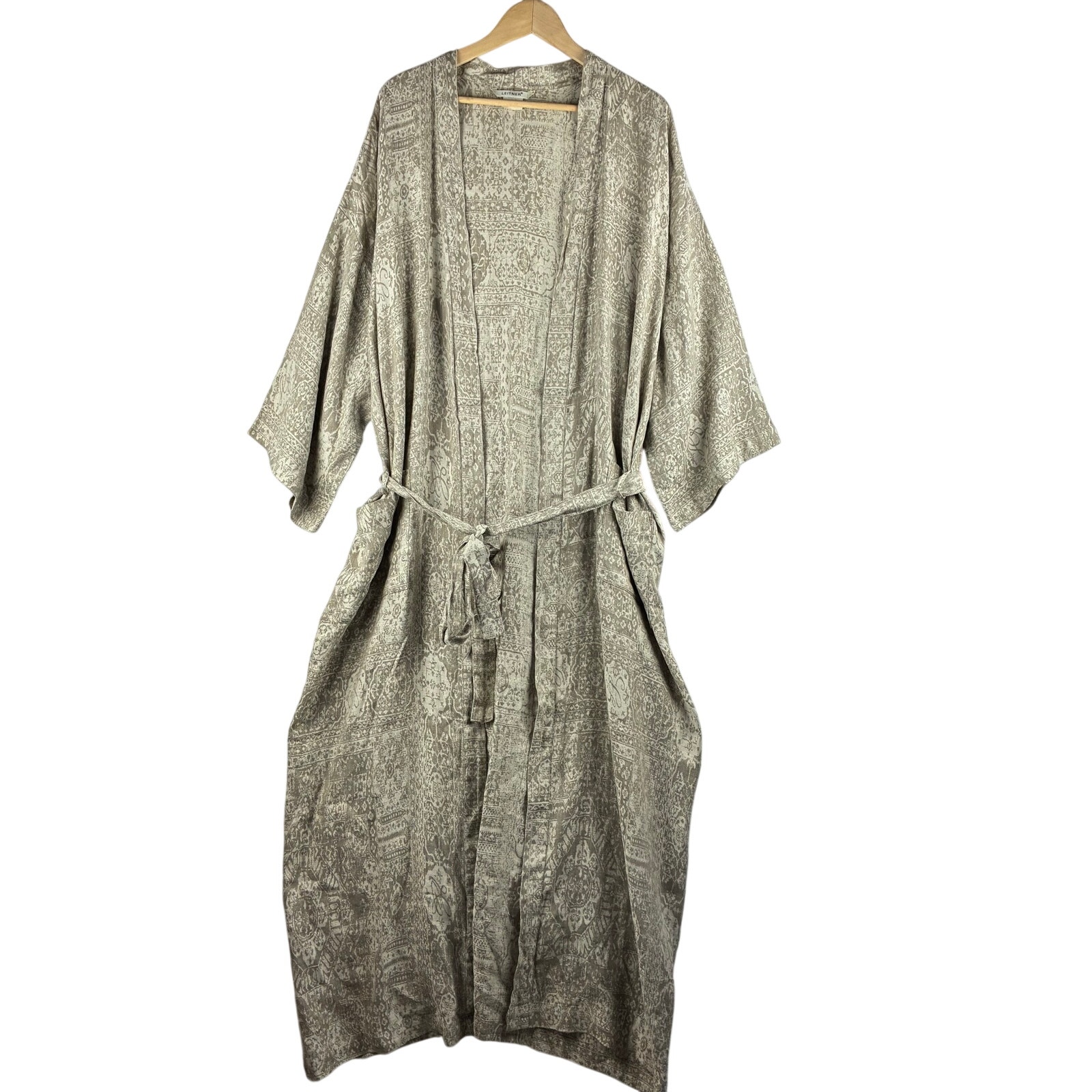 Leitner Floor Length Kimono Robe Womens Large Linen Blend Lagenlook Damask Beige